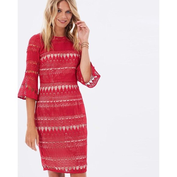 🆕COOPER ST Decadent Crochet Lace Bell Sleeve Shift Dress Red 2 - Picture 1 of 16